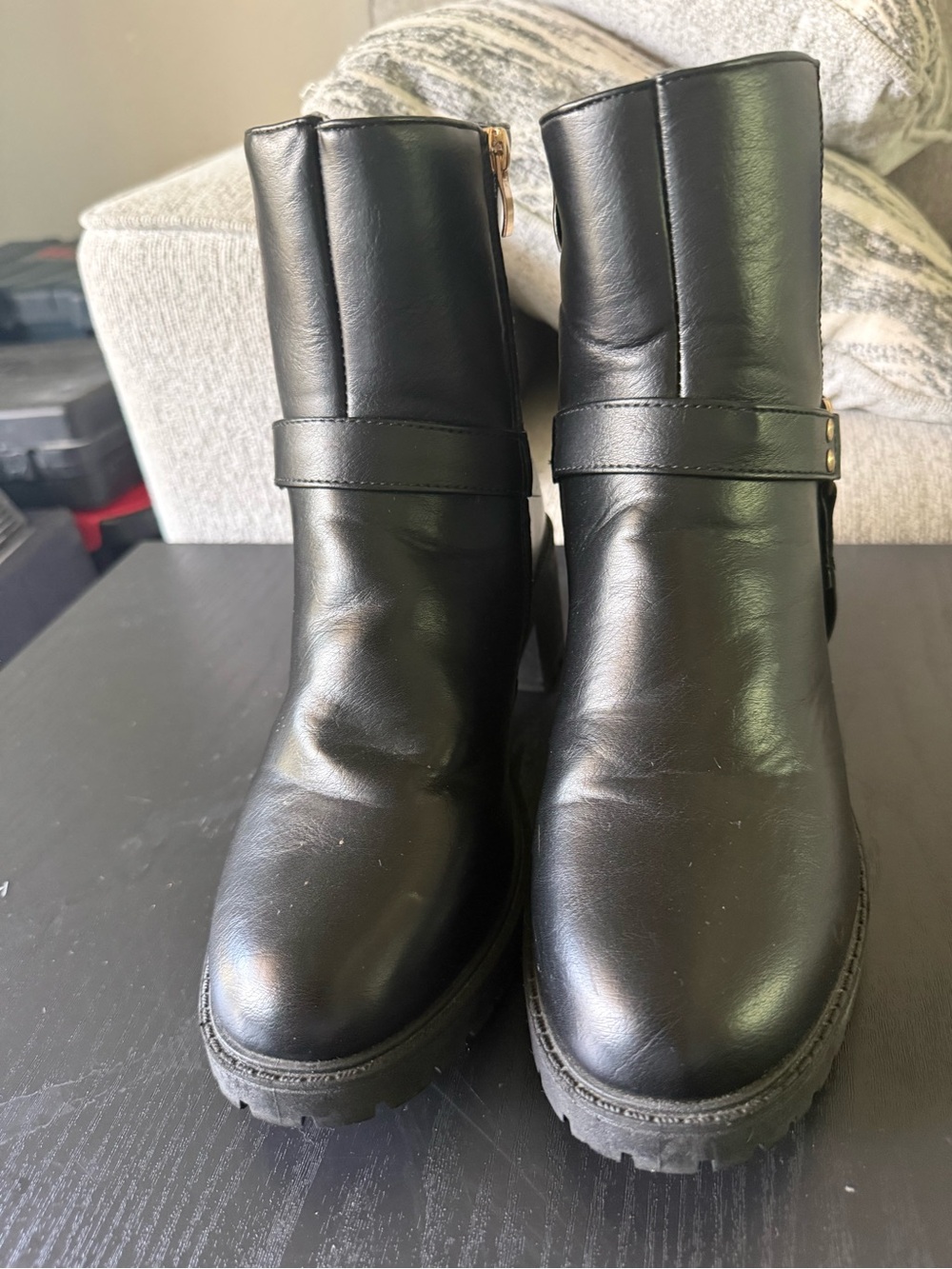 Black Leather Ankle Booties with Strap Accent